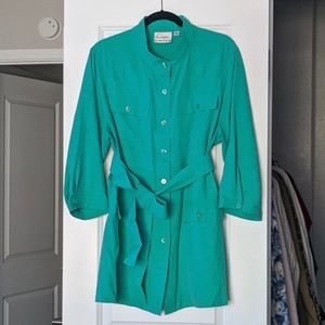 Vintage 80s Turquoise Teal Green 100% Silk Mock Neck Button Down Belted Shirt